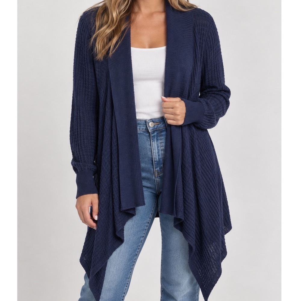 Velvet Graham Spencer Cardigan Small Draped Waterfall Waffle Knit Navy USA Made